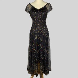 Lapis Womens Maxi Dress Large Black Floral Flowers Layered Mesh Net Shirred Boho